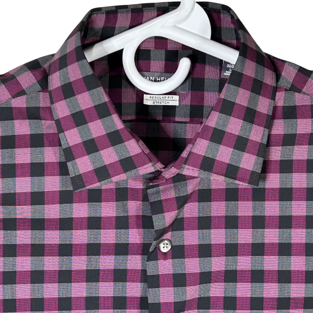 Van Heusen Flex Magenta Black Gingham Plaid Stretch Dress Shirt Large 16 32/33